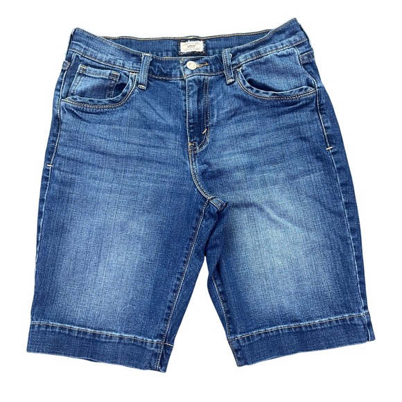 Levi's Bermuda Shorts Denim Blue Jean Cuffed Hem Comfort Stretch Women 6 Fit 28" - Picture 1 of 10